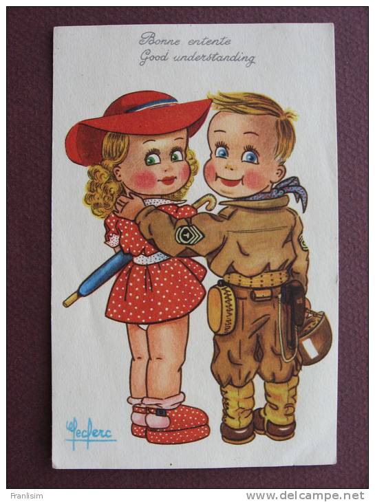 CPA ILLUSTRATEUR LECLERC SOLDAT MILITAIRE US ET FILLE ENFANTS: Fraicheur Des Couleurs & Graphisme: Bonne Entente - Leclerc