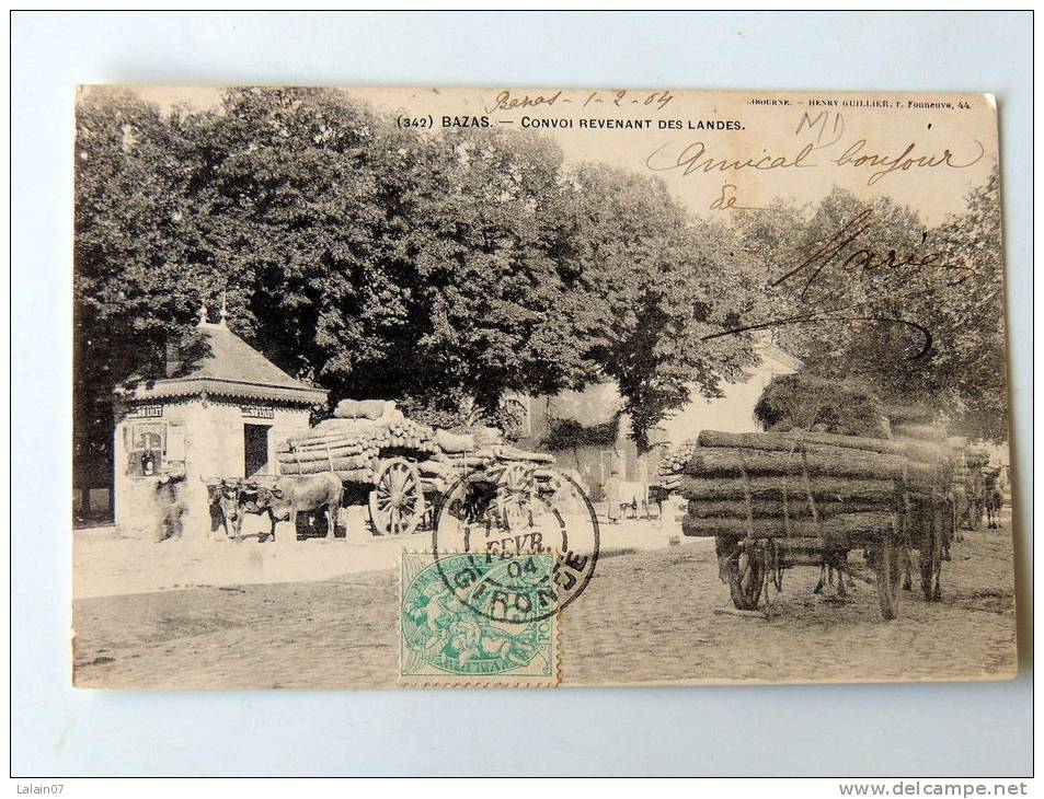 Carte Postale Ancienne : BAZAS : Convoi Revenant Des Landes , Attelages Avec Chargements De Bois - Bazas