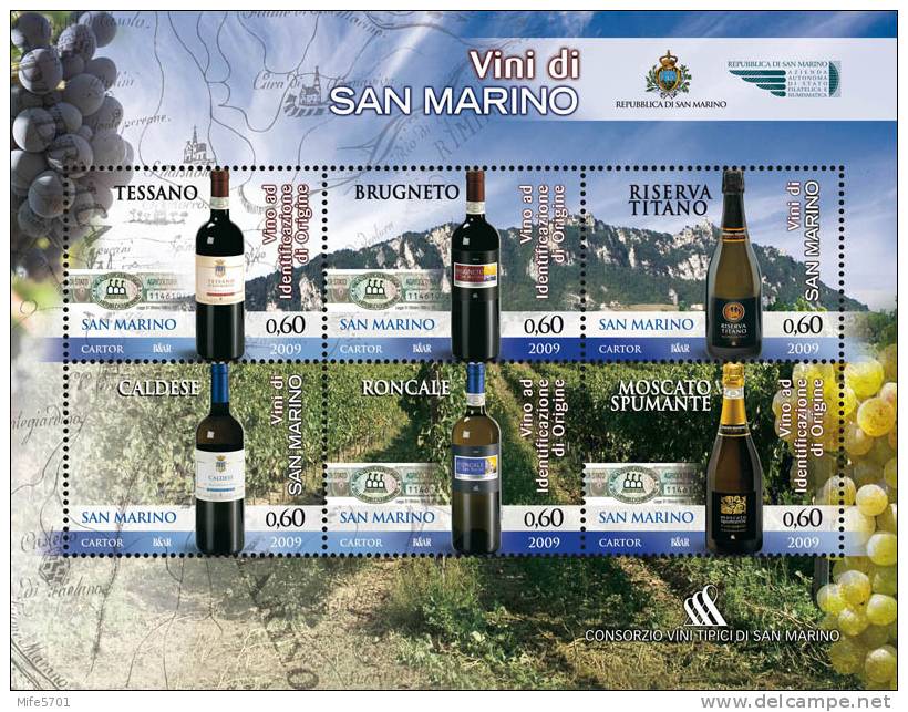 REPUBBLICA DI SAN MARINO 2009 VINI DI SAN MARINO € 0,60 - FOGLIETTO DI 6 FRANCOBOLLI - MNH ** - SASSONE BF92 - 2241/2246 - Neufs