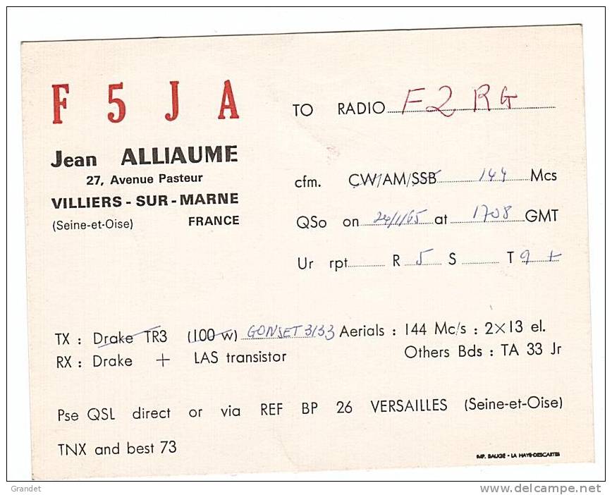 CARTE RADIO QSL - VILLIERS SUR MARNE - 1965. - Radio-amateur