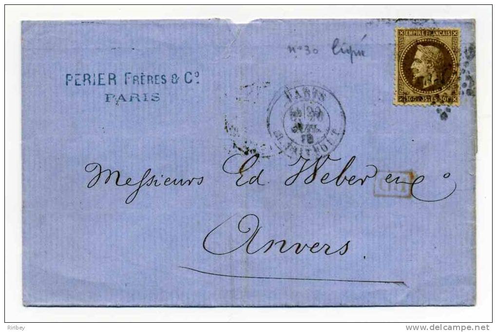Lettre De PARIS Du 20 Juillet 1870 Pour ANVERS (Belgique) / Etoile De PARIS Sur YT N°30 Variété Ligné / PD Rouge - 1849-1876: Klassik