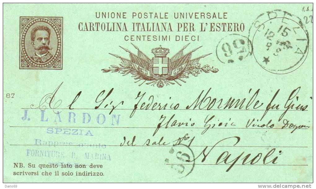 1888 CARTOLINA INTESTATA J. LARDON SPEZIA - Entiers Postaux