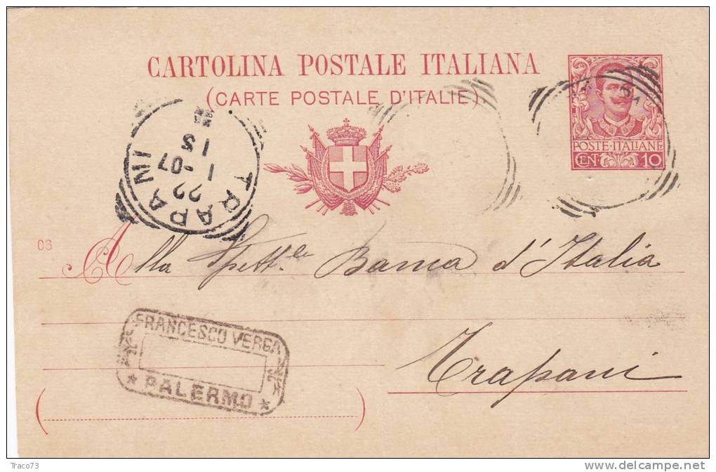 PALERMO / TRAPANI  - Card_ Cartolina Pubblicitaria  " Francesco VERGA " -  1907 - Reclame