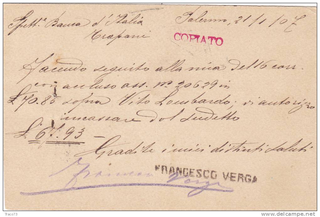 PALERMO / TRAPANI  - Card_ Cartolina Pubblicitaria  " Francesco VERGA " -  1907 - Publicité