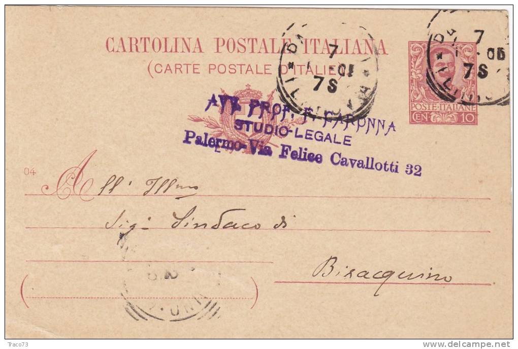 PALERMO / BISACQUINO  - Card_ Cartolina Pubblicitaria  " Avv. Prof.  F. CARONNA " -  1905 - Publicité