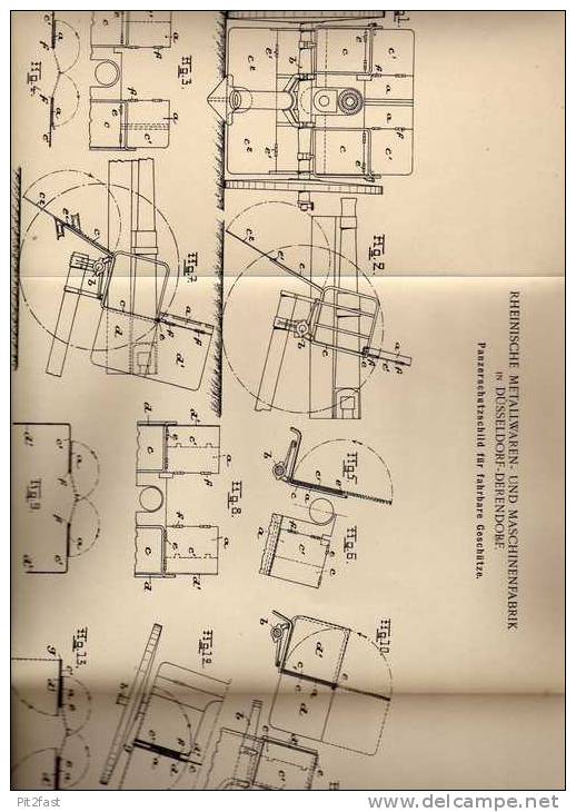 Original Patentschrift - Panzerschutzschild Für Geschütze , 1902 , Rheinische Metallfabrik In Düsseldorf - Derendorf !!! - Voertuigen