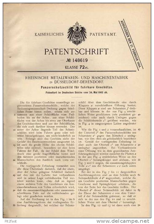 Original Patentschrift - Panzerschutzschild Für Geschütze , 1902 , Rheinische Metallfabrik In Düsseldorf - Derendorf !!! - Fahrzeuge