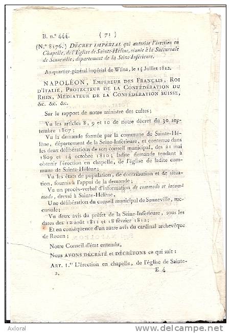 76 SAINTE HELENE BONDEVILLE 1812 DECRET ERECTION CHAPELLE 2 PAGES ROUSSEURS - Decreti & Leggi