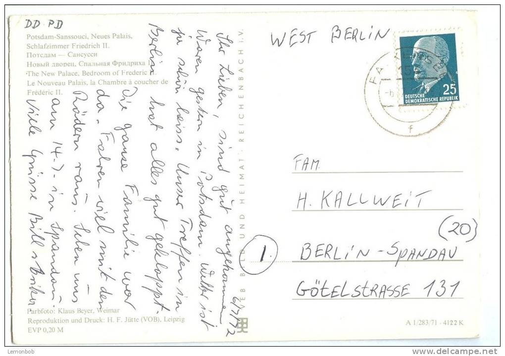 Germany, Potsdam-Sanssouci, Neues Palais, The New Palace, Bedroom Of Frederic II, 1972 Used Postcard [10531] - Potsdam