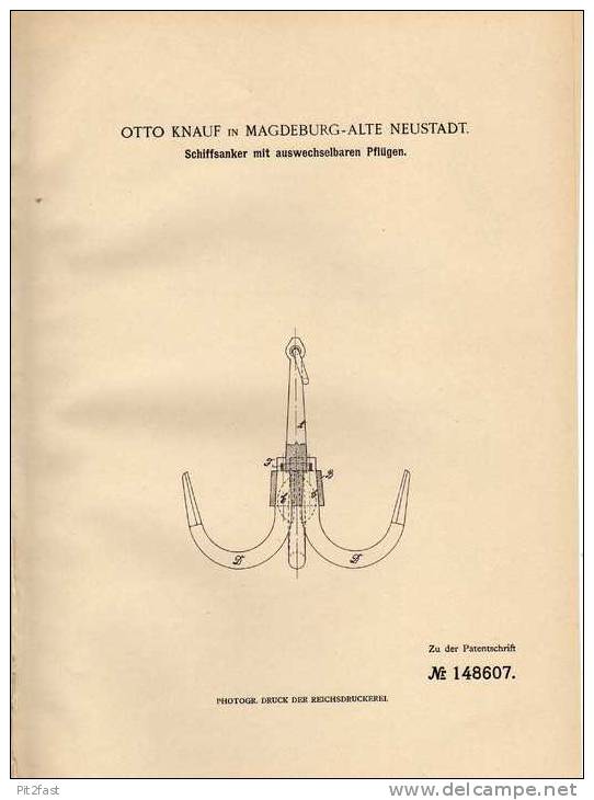 Original Patentschrift - O. Knauf In Magdeburg - Alte Neustadt , 1903 ,  Anker Für Schiffe Mit Wechselbaren Pflügen !!! - Otros & Sin Clasificación