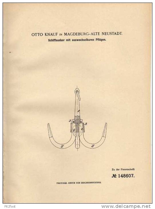 Original Patentschrift - O. Knauf In Magdeburg - Alte Neustadt , 1903 ,  Anker Für Schiffe Mit Wechselbaren Pflügen !!! - Andere & Zonder Classificatie