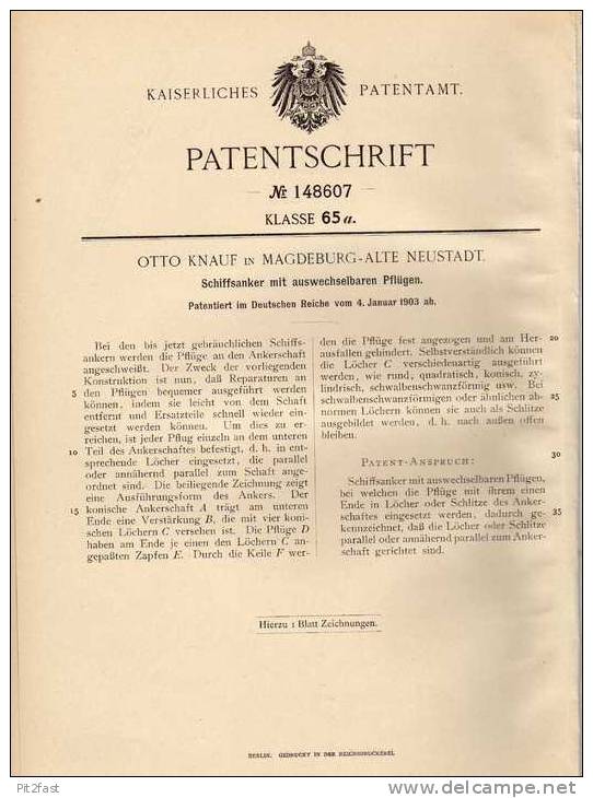 Original Patentschrift - O. Knauf In Magdeburg - Alte Neustadt , 1903 ,  Anker Für Schiffe Mit Wechselbaren Pflügen !!! - Other & Unclassified