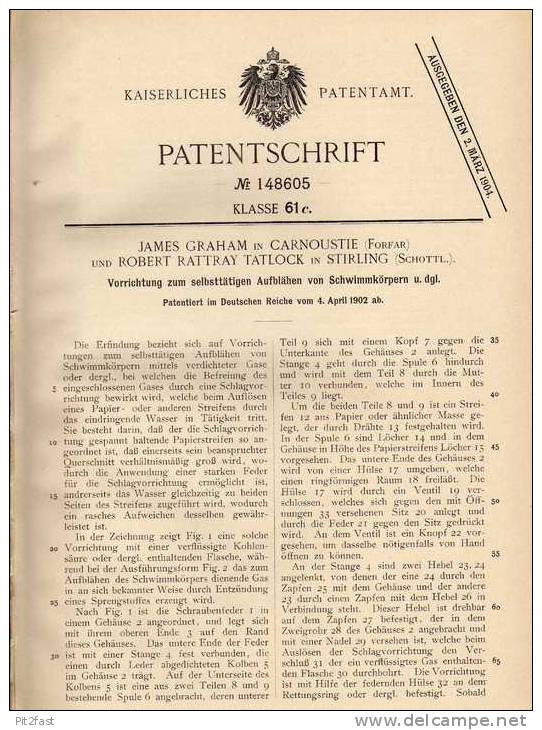 Original Patentschrift - J. Graham In Carnoustie Und Stirling , 1902 , Aufbläher Für Schwimmkörper , Schlauchboot  !!! - Otros & Sin Clasificación