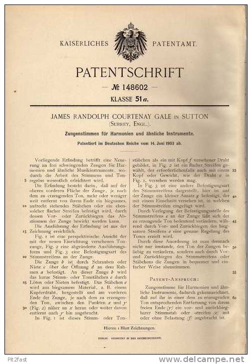 Original Patentschrift - J. Gale In Sutton , 1903 , Zungenstimmen Für Harmonium !!! - Musikinstrumente