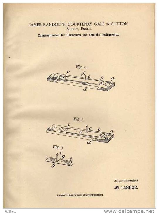 Original Patentschrift - J. Gale In Sutton , 1903 , Zungenstimmen Für Harmonium !!! - Musical Instruments