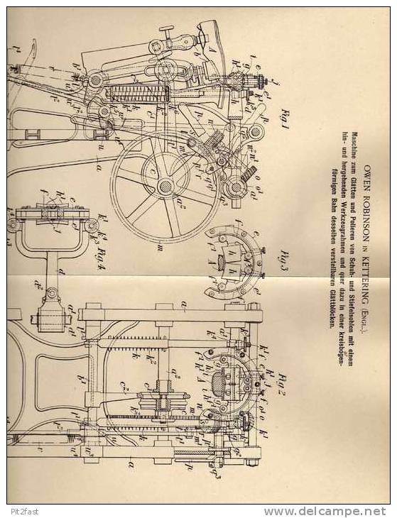 Original Patentschrift - O. Robinson In Kettering , 1902 , Maschine Zum Polieren Und Glätten Für Schuhe Und Stiefel !!! - Tools