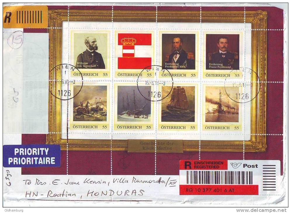 516e: PM- Kleinbogen Seefahrt & Entdecker Der K.u.k. Monarchie, Nach Honduras Portogerecht RRR - Personalisierte Briefmarken