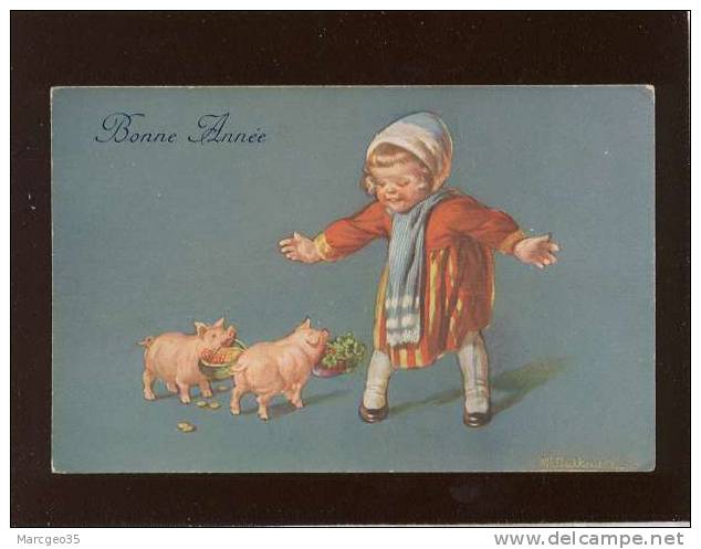 Une Fillette Avec 2 Petits Cochons Portant Des Paniers , Bonne Année édit.AV N° 1313 Signée W.fialkowska ? Cochon - Pigs