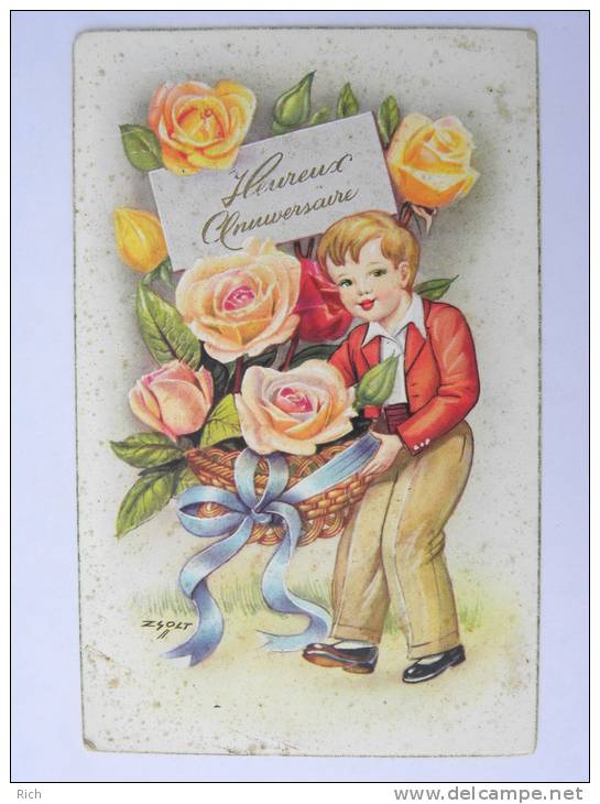 CPA Illustrateur ZSOLT - Heureux Anniversaire - Jeune Garçon Portant Une Corbeille De Fleurs - Zsolt