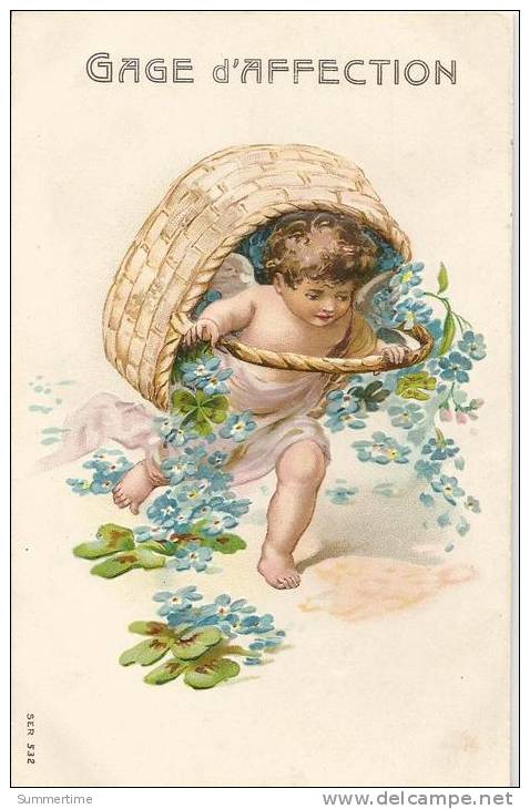 ANGE  ENFANT  PANIER  DE  FLEURS  /  Belle  Carte  Gaufrée - Anges