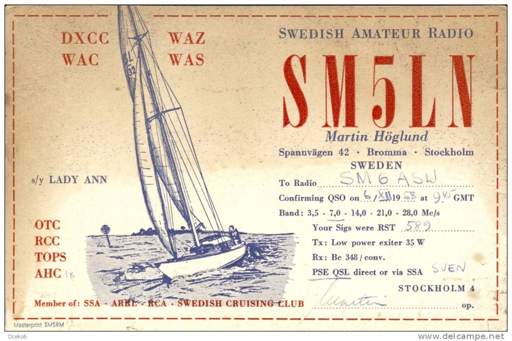 QSL - Zeilboot - Lady Ann -  Sweden Amateur Radio SM5LN - Martin Hoglund Bromma Stockholm 1958 - Otros & Sin Clasificación