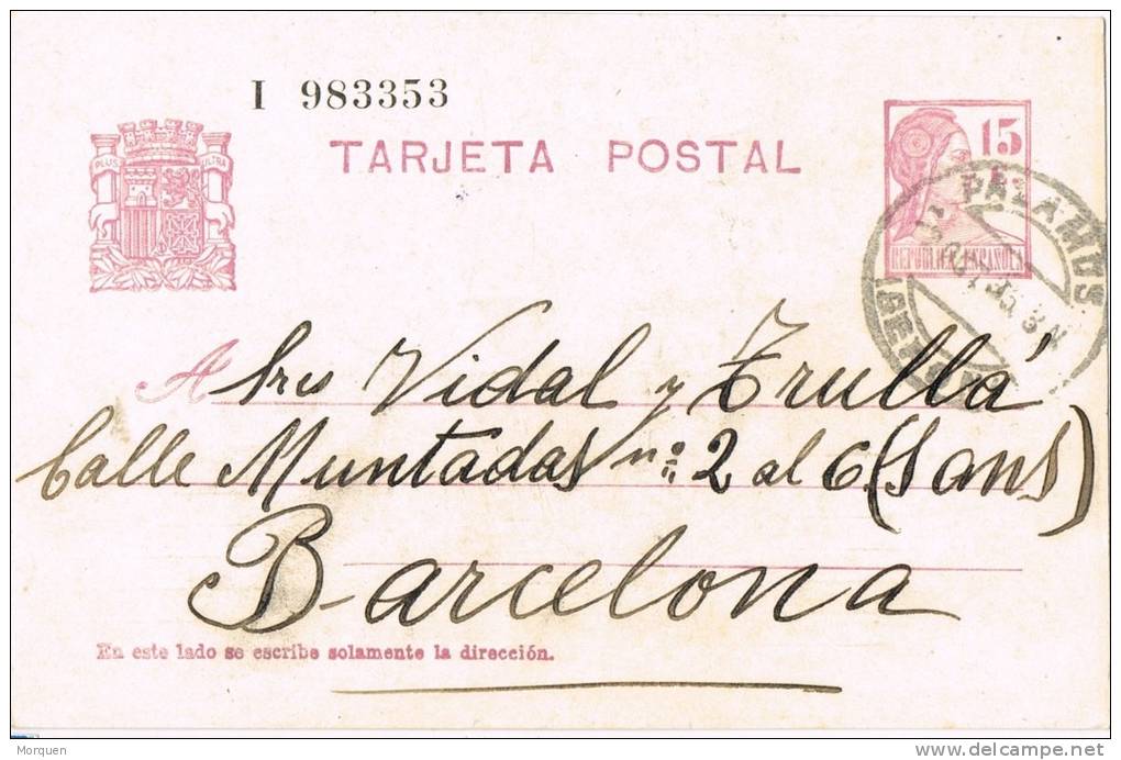 Entero Postal PALAMOS (Gerona) 1935. Republica - 1931-....