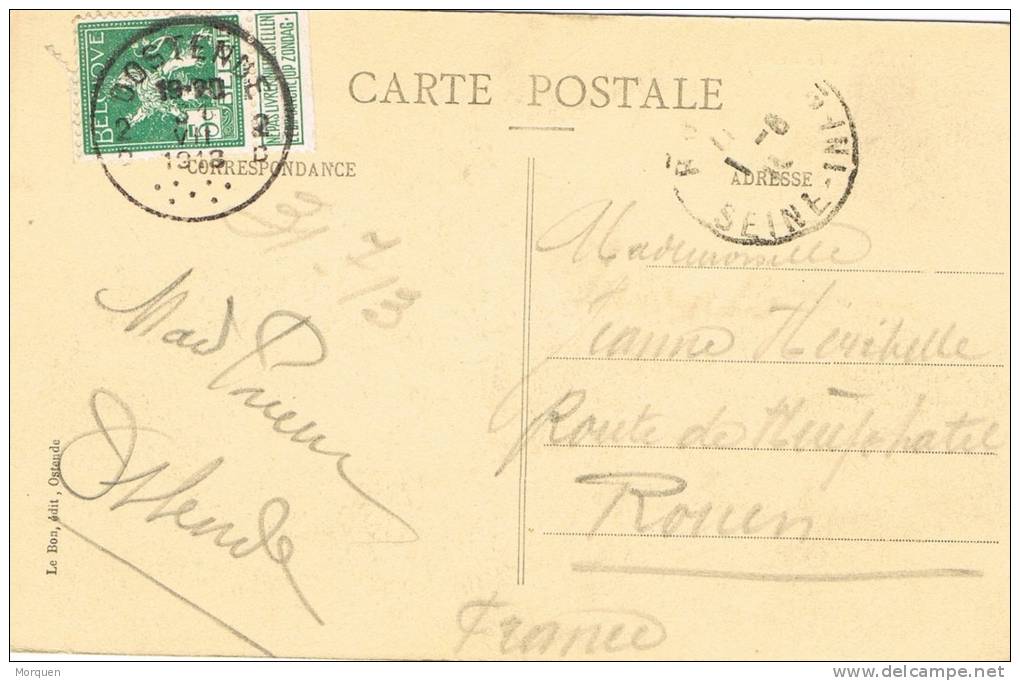 Postal OOSTENDE (Belgica)  1918. Bandeleta. Le Kursaal - Cartas & Documentos