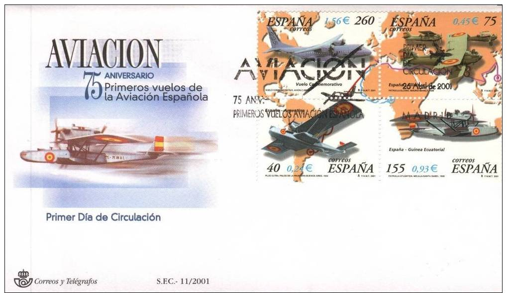 2001 España-Spain FDC Primeros Vuelos Aviación Española (Avión Hidroavión - Aviation Flights) - Vliegtuigen