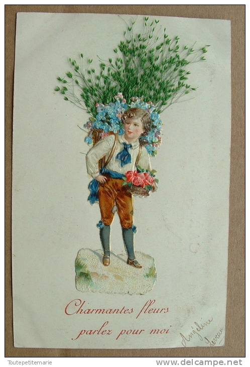 Carte Avec Un Chromo Un Jeune Homme Et Sa Hote De Fleurs - Autres & Non Classés