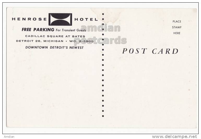 USA -DETROIT MI~HENROSE HOTEL~CADILLAC SQUARE~ Ca 1960s Vintage ADVERTISING Postcard   [c2422] - Detroit