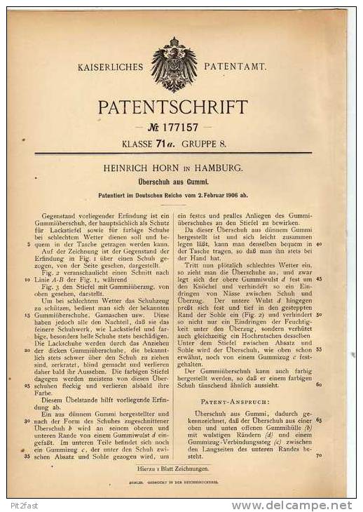 Original Patentschrift - H. Horn In Hamburg , 1906 , Überschuh Aus Gummi , Schuhe , Schuster !!! - Scarpe