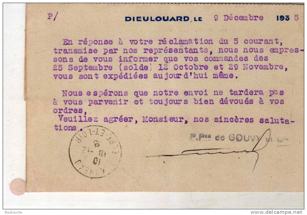 Carte Postale De Commande Ets Gouvy  à DIEULOUARD Peu Courant Envoyée à AUNEAU - Dieulouard