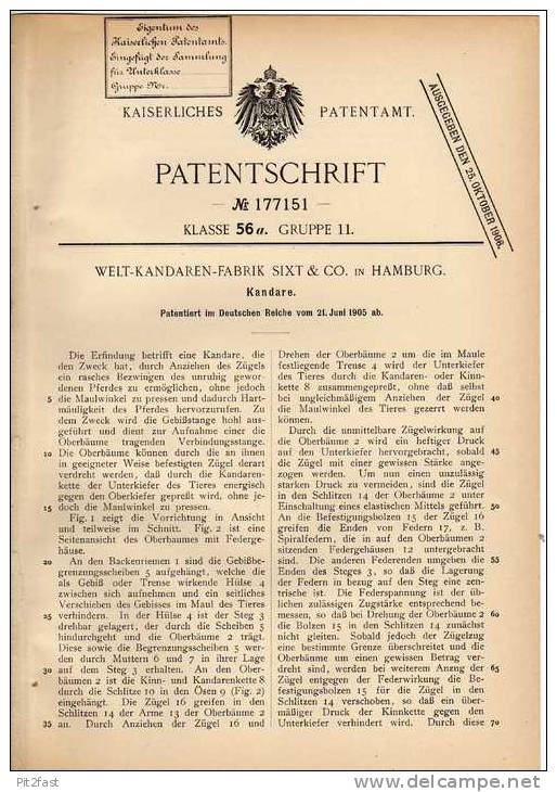 Original Patentschrift - Welt-Kandaren-Fabrik Sixt & Co In Hamburg , 1905 , Kandare Für Unruhige Pferde , Pferde !!! - Historische Dokumente