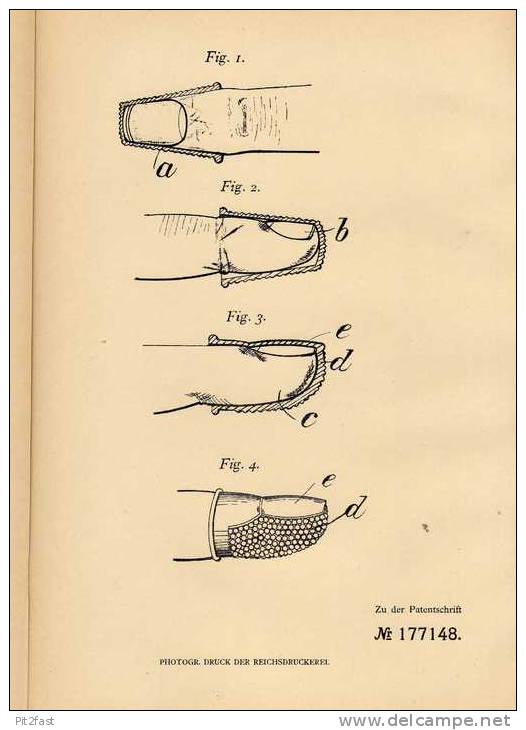 Original Patentschrift - H. Bourne In Catford , England , 1905 , Fingerhut !!! - Ditali Da Cucito