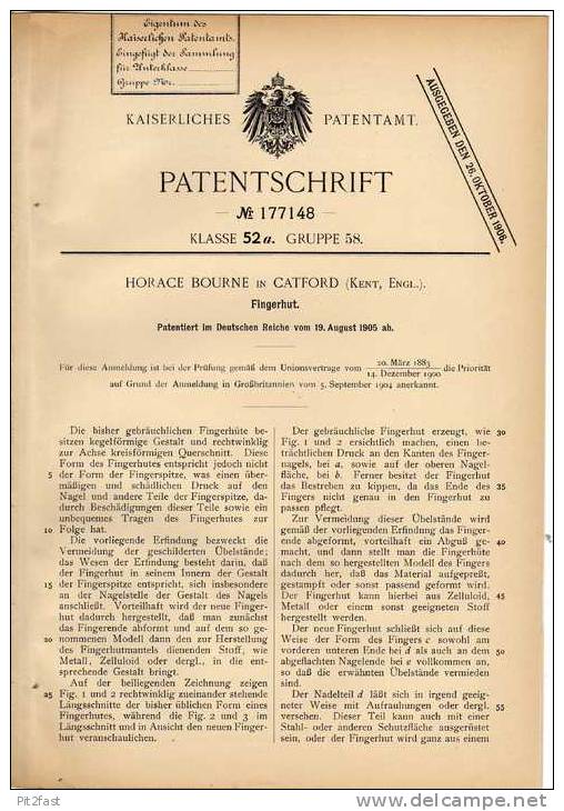 Original Patentschrift - H. Bourne In Catford , England , 1905 , Fingerhut !!! - Thimbles