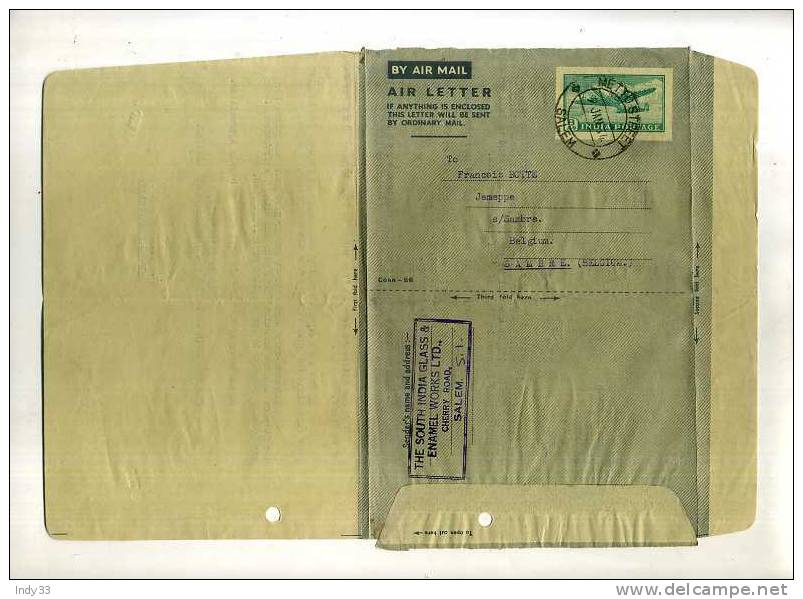 - INDE . AEROGRAMME DE 1954 POUR LA BELGIQUE . - Airmail