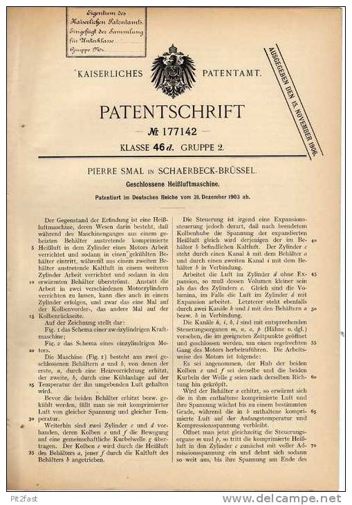 Original Patentschrift - P. Smal In Schaerbeck - Brüssel , 1903 , Heißluftmaschine !!! - Machines