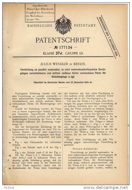 Original Patentschrift - J. Wendler In Berlin , 1904 , Hoteleingang , Hotel , Motel !!! - Architectuur