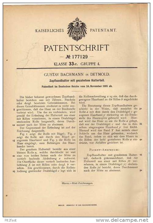 Original Patentschrift - G. Bachmann In Detmold , 1905 , Zopfbandhalter , Halter Für Zopf , Frisur , Haar !!! - Other & Unclassified