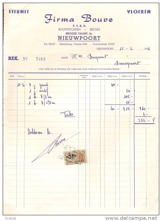 Faktuur - Facture Firma Bouve -  Nieuwpoort - Bouwstoffen - Beton  Eterniet - 1956 - Artigianato