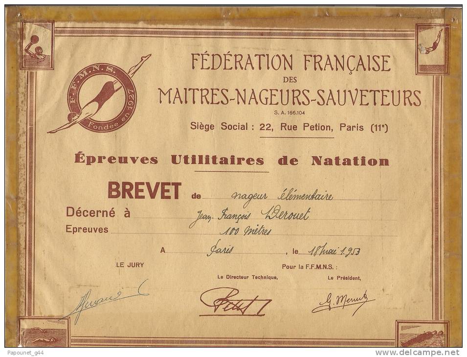 Fédération Française Des Maitres-Nageurs-Sauveteur S 1953 - Diploma's En Schoolrapporten