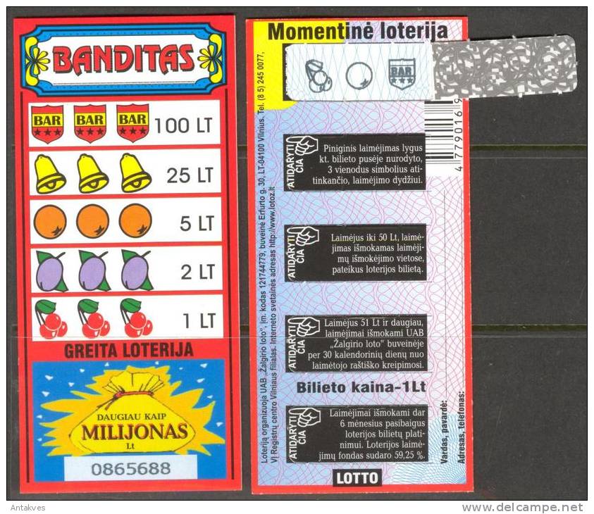 Lithuania Instant Lottery Ticket "Bandit "  Used - Billets De Loterie