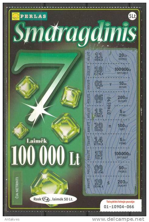 Lithuania Instant Lottery Ticket " Emerald 7 " Used - Billetes De Lotería