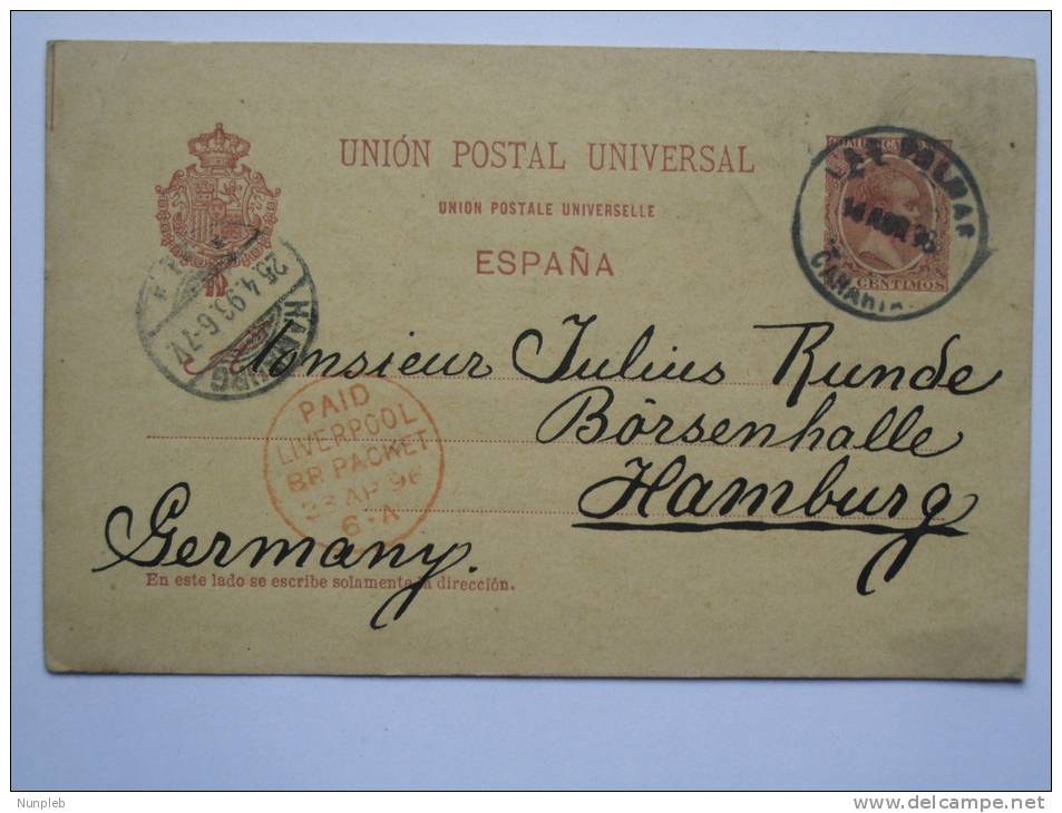 SPAIN 1896 POSTCARD TENERIFE TO HAMBURG GERMANY WITH LIVERPOOL BR PACKET CACHET - Briefe U. Dokumente