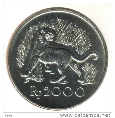 INDONESIA 2000 RUPIAH TIGER ANIMALFRONT EMBLEM BIRD BACK 1 YEAR 1974 AG SILVER KM39 READ DESCRIPTION CAREFULLY !!! - Indonesia