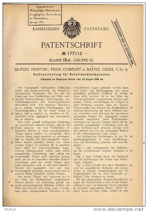 Original Patentschrift - Duplex Printing Press Comp. In Battle Creek , 1905 , Druckpesse , Druckerei , Buchdruck !!! - Tools