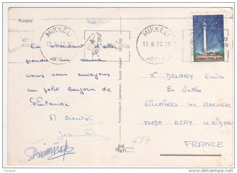 Timbre Yvert N° 657 , Thème " Phare " / Carte , Postcard Du 19/8/72 Pour La France , Carte Correspondante - Lettres & Documents