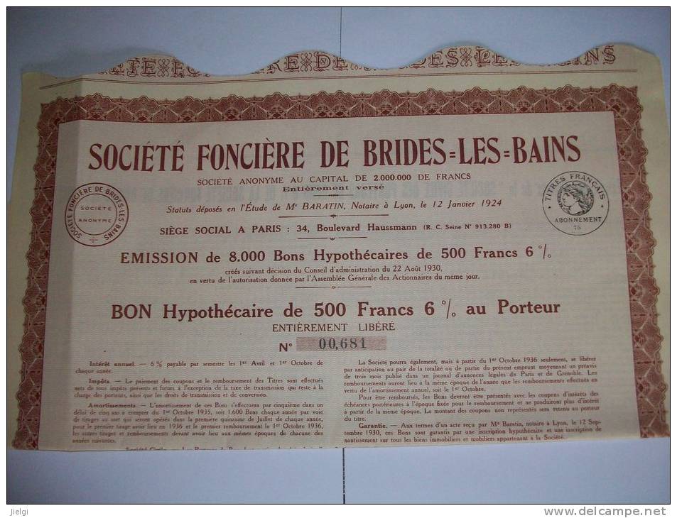 1766 Sté Foncière De BRIDES-les-BAINS Notaire ( BARATIN ) à LYON  ( 69 ) Capital 2 Mns - Other & Unclassified