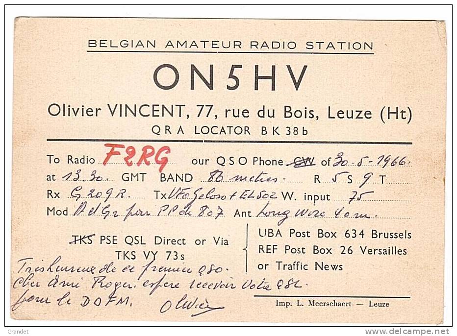 CARTE RADIO QSL - BELGIQUE - LEUZE - 1966. - Amateurfunk