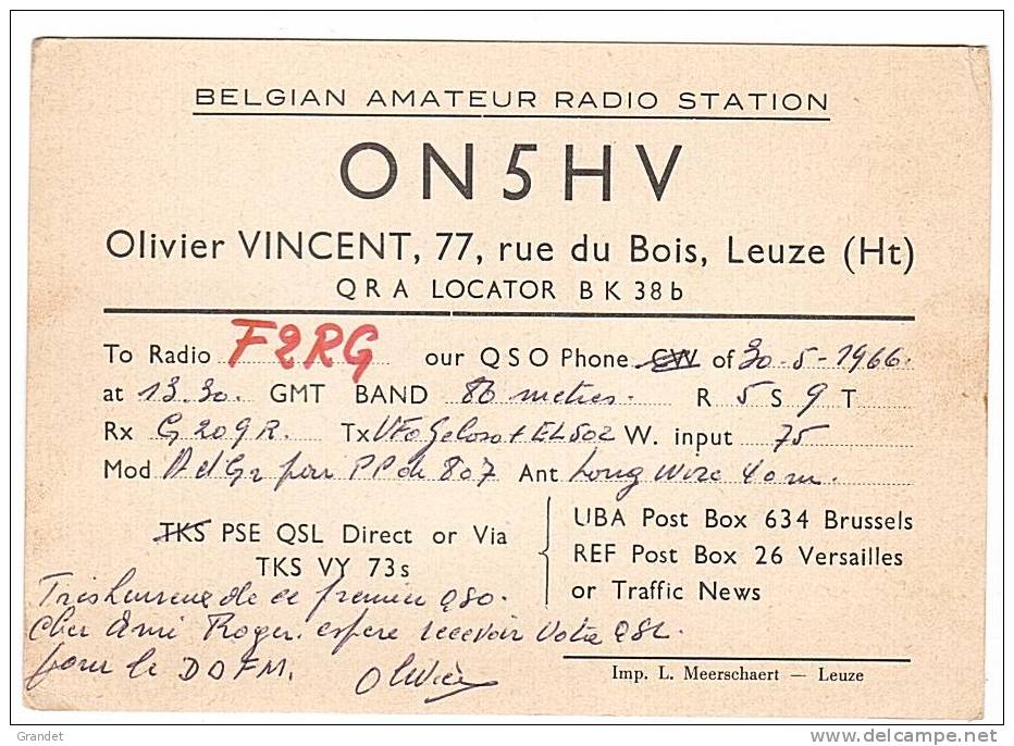 CARTE RADIO QSL - BELGIQUE - LEUZE - 1966. - Radio-amateur
